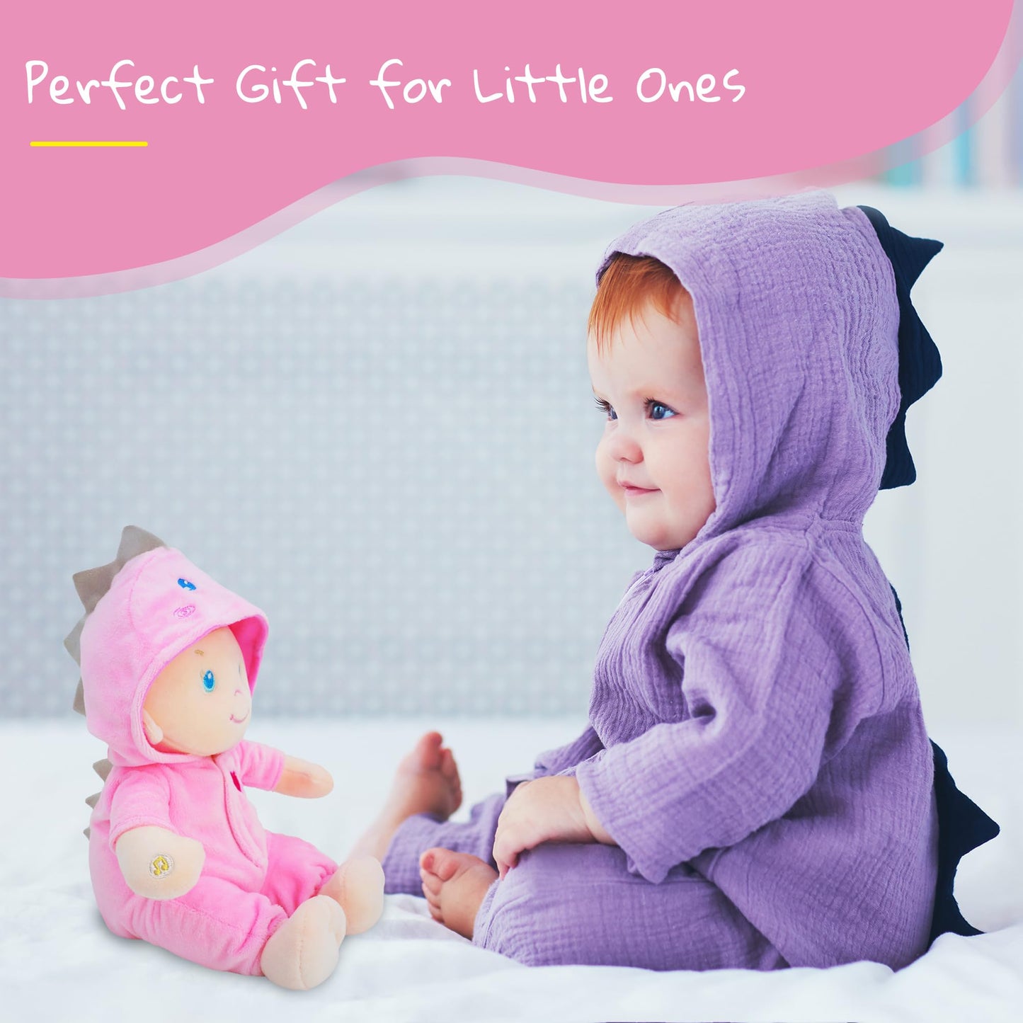 June Garden 12 Musical Sweet Dolly Dinopuff - Interactive Stuffed Ultra Soft Talking Baby Doll for Birth and Up - Removable Pink