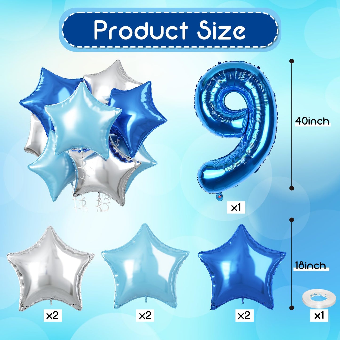 40 Inch Number 9 Balloons For Boys, Dark Metallic Blue Large 9Th Birthday Balloon Decor, Light Royal Blue Self Inflating Silver