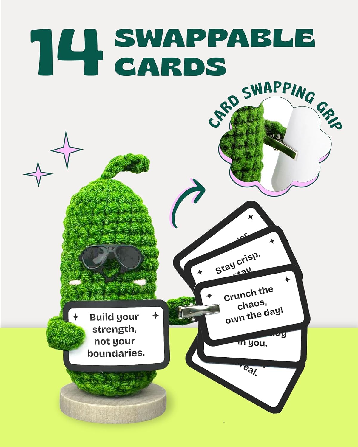Almacura Crochet Plush Emotional Support Pickle - Green, 2.6x4.7 In, 15 Motivational Cards, Customizable QR Messages, Model EM-PICK-001