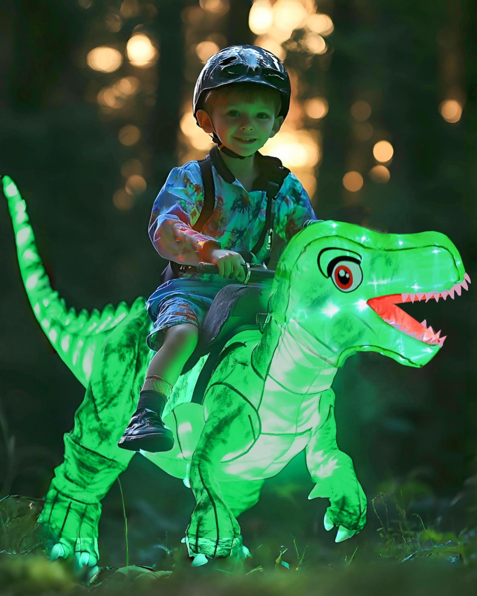 Bddedd Kids Inflatable Costume, Dinosaur Rider,Blow Up T-Rex Costumes With Led Light For Cosplay Halloween Christmas Party (Gree