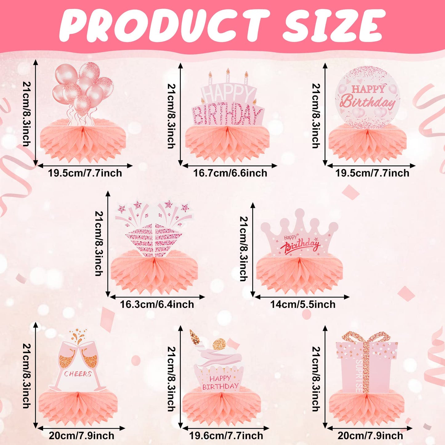 Yalikop 8 Pcs Pink Rose Gold Birthday Decorations for Women Happy Birthday Honeycomb Centerpieces for Tables Glitter Birthday Ta