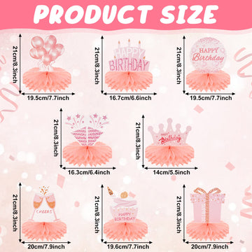 Yalikop 8 Pcs Pink Rose Gold Birthday Decorations for Women Happy Birthday Honeycomb Centerpieces for Tables Glitter Birthday Ta