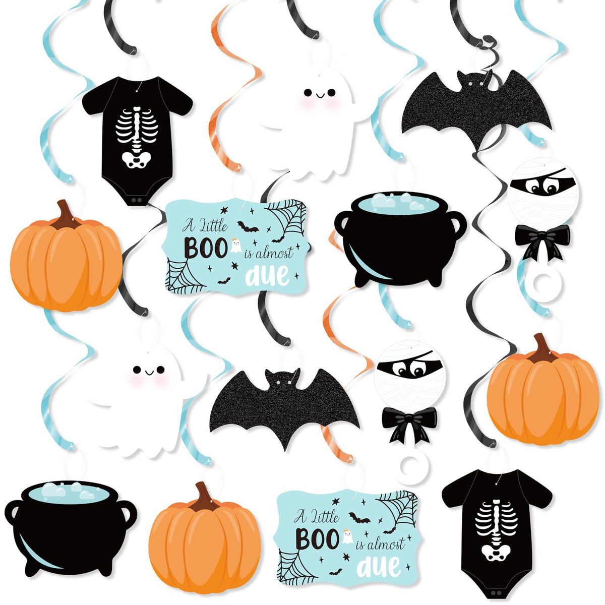 K KUMEED Halloween Baby Shower Decorations, 20 pcs Blue A Little Boo is Almost Due Hanging Swirl Decorations for boys,Ghost Pump