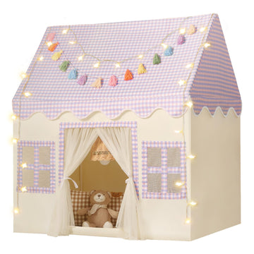 Senodeer Kids Play Tent Indoor: With Mat, Tassel Garland, Star Lights - Purple Checkered Girls Tent Playhouse For Toddlers Kids Toys For Boy Girl Birthday Gift For Kids