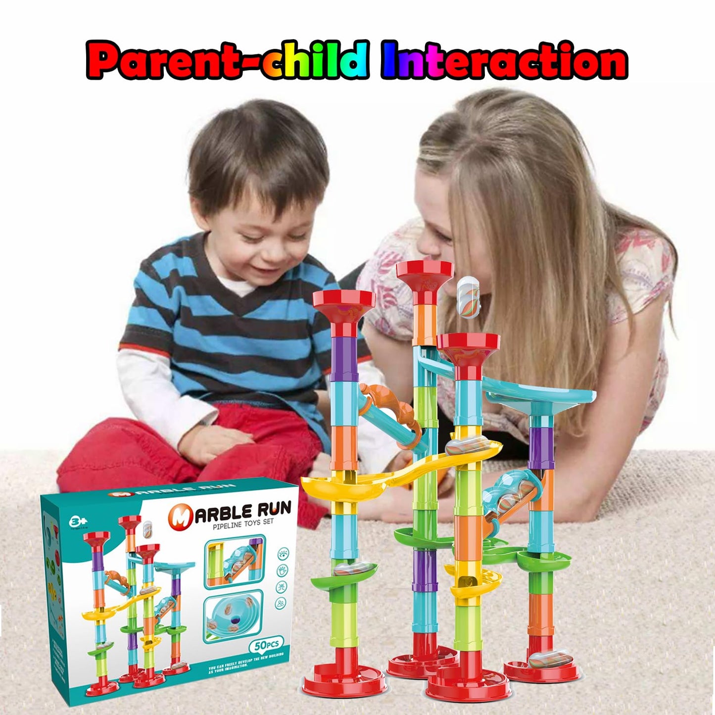 ailixinda 50 PCS Marble Run enhanced Set STEM Educational Building Block Toy Marble Track Race Set with 15 Glass Marbles for Boys & Girls Marble Maze Game Construction Building Blocks Toys for Kids