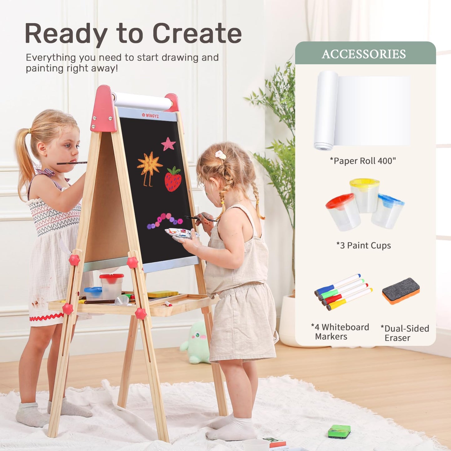 WINGYZ Easel for Kids - 3-in-1 Art Easel with Chalkboard, Magnetic Whiteboard & 400  Paper Roll, Adjustable Wooden Drawing Board