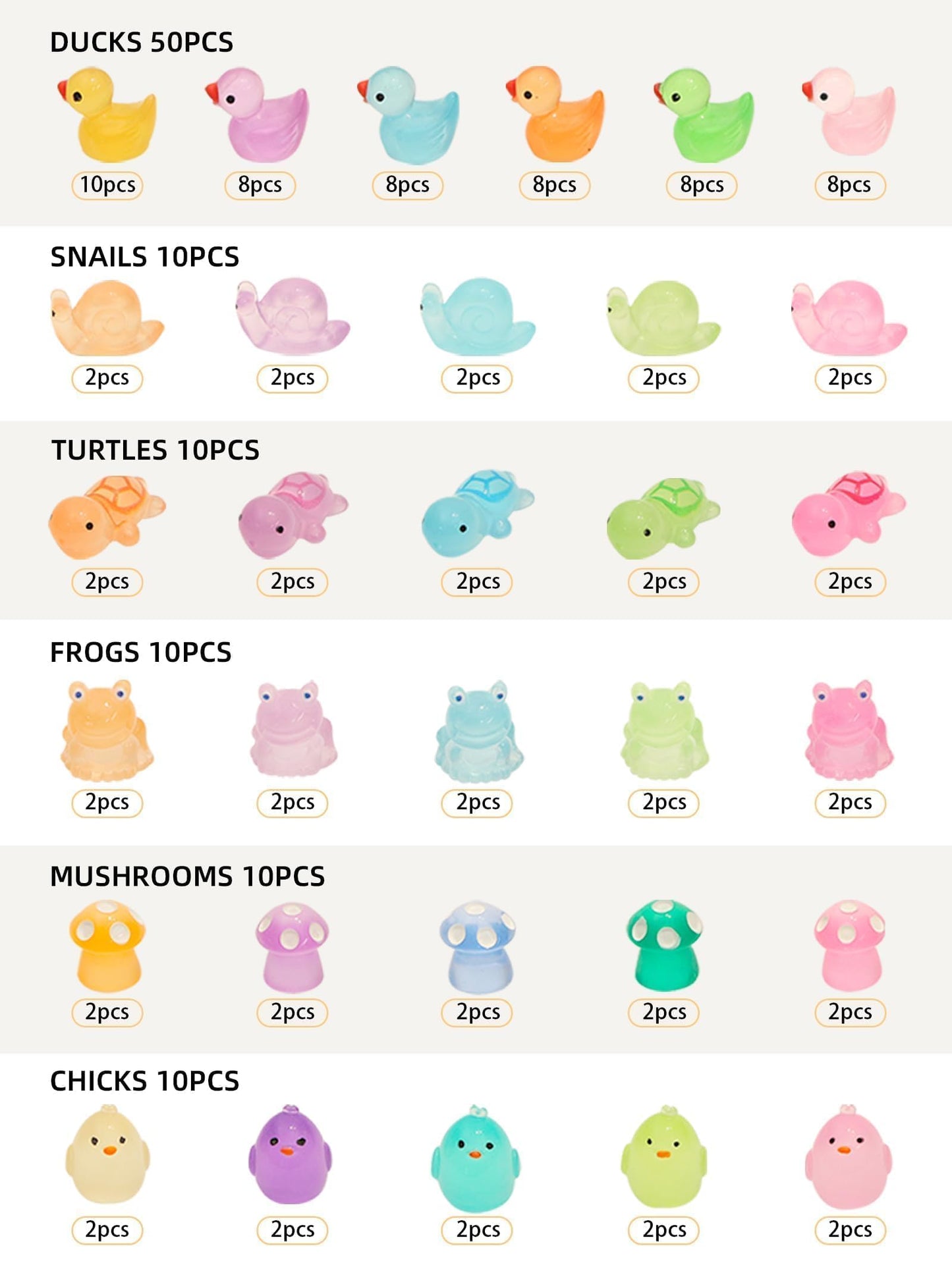 Fexia 100Pcs Mini Resin Ducks 6 Types Bulk To Hide Luminous Mini Animals Glow In The Dark For Diy Garden Dollhouse Combination S
