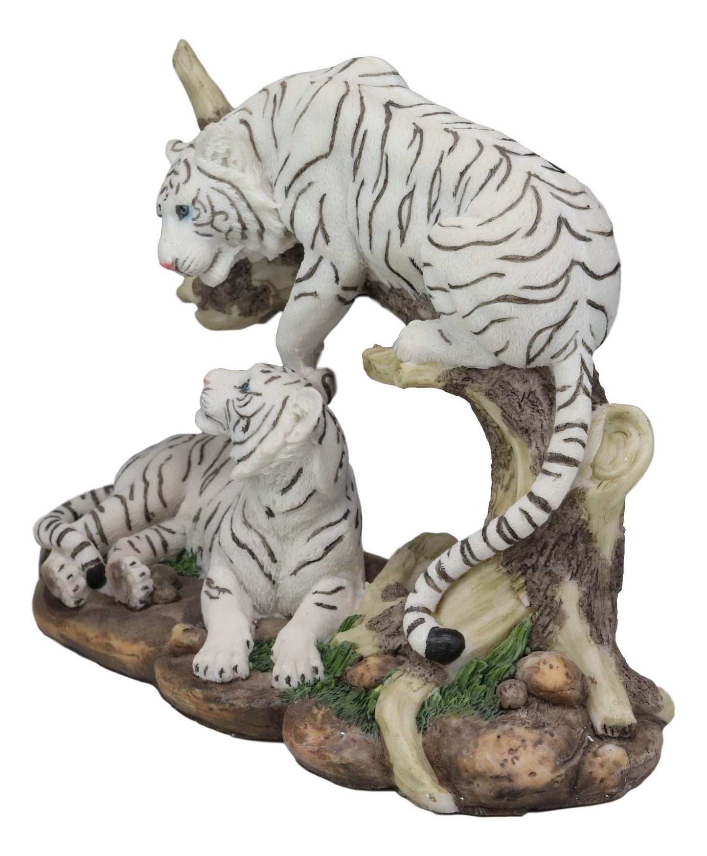 Ebros 9.25' Wide Albino Bengal White Tiger Couple Playing By Curved Tree Branch Statue As Predator Forest Tigers Giant Cats Jungle Frolic Decorative Figurine Perfect For Shelves Desktops Accent