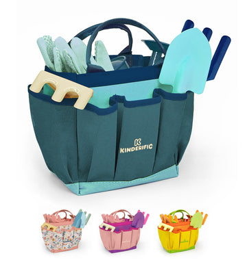 Kinderific Gardening Set, Tool Kit, For Kids, Stem, Includes Tote Bag, Spade, Watering Can, Rake, Fork, Trowel And Gloves (Blue)