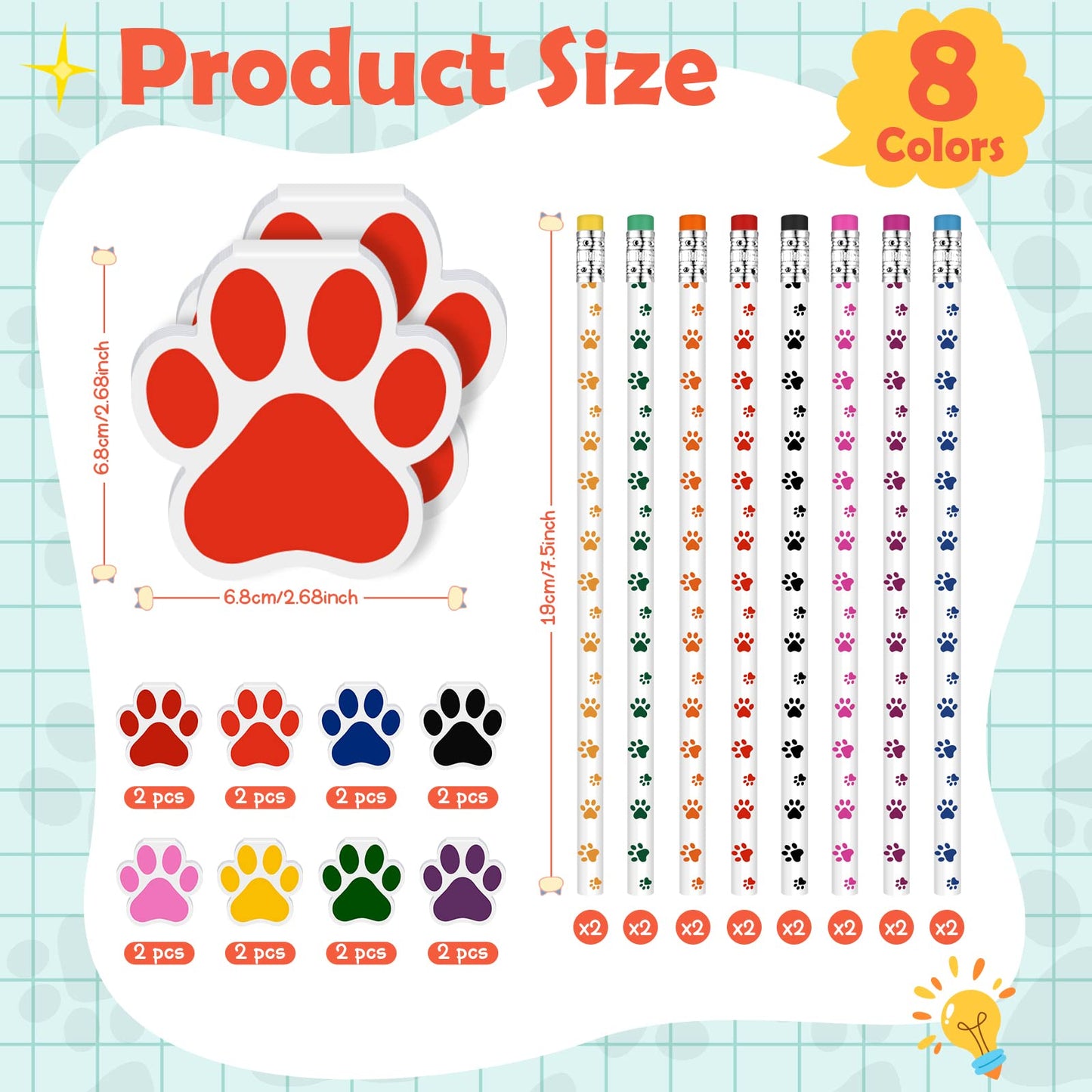 Weecent 32 Pcs Party Favors Kids Stationery Include 8 Colors Paw Print Pencil and Notpads Colorful Wooden Writing Pencils and Sm