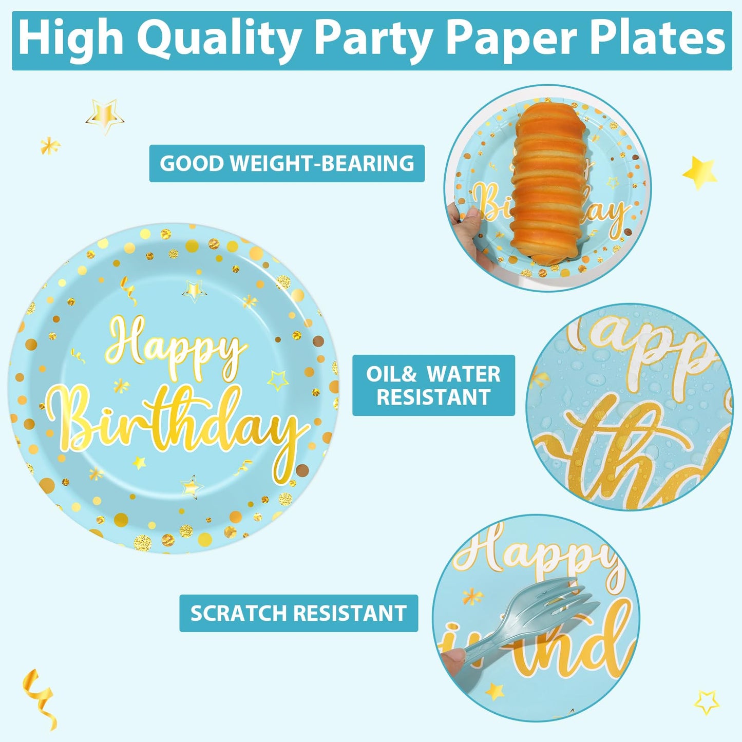 CHUNNIN 96PCS Blue Birthday Plates and Napkins Birthday Party Decorations Light Blue and Gold Dessert Plates Tableware for 24 Gu