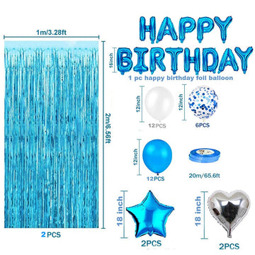 Morofme Blue Birthday Party Decorations Set With 38Pcs Balloons, Confetti, Foil Balloons, Fringe Curtains For Unisex Blue Themed Events