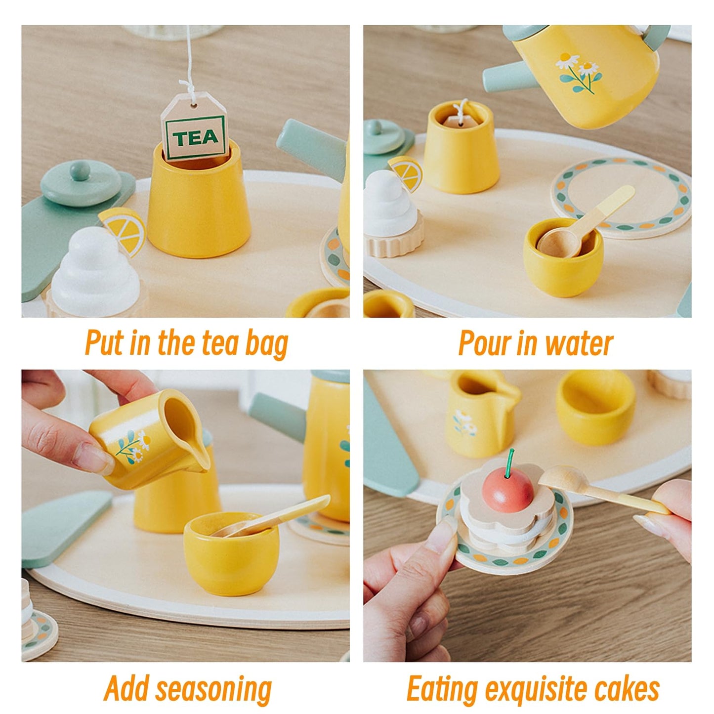 Wooden Tea Party Set For Little Girls, Pretend Play Kids Toys For Toddlers, Wood Play Food Kitchen Accessories (Royal Tea)