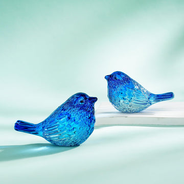 H&D HYALINE & DORA Blue Glass Bird Figurine Set of 2, Miniature Collectible Crystal Birds for Desk Decor