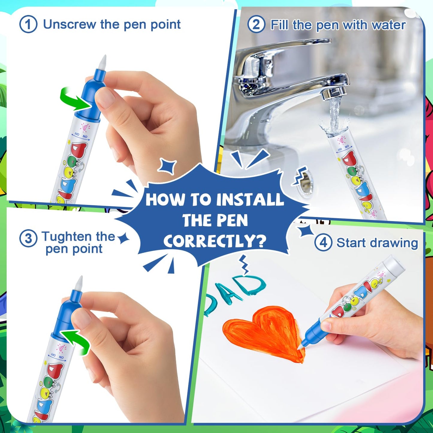 Water Doodle Mat for Kids 32x40 Inch, Reusable Coloring Mat Educational Toy for 3 4 5 6 7 8 Years Old Girls & Boys, Neon Color M