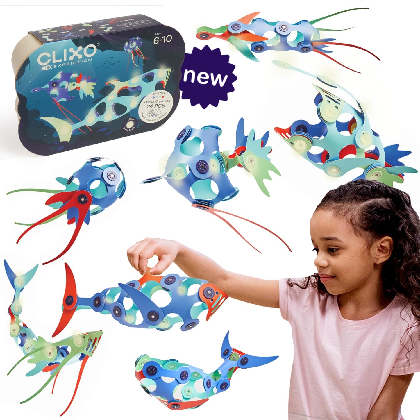 Clixo Ocean Creatures Pack - Glow-In-The-Dark Magnetic Building Toy - 24 Flexible Magnet Pieces For Underwater Exploration & Adventure. Imaginative Stem Toy. Kids Gift & Travel Toy. Ages 6+ [New]