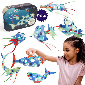 Clixo Ocean Creatures Pack - Glow-In-The-Dark Magnetic Building Toy - 24 Flexible Magnet Pieces For Underwater Exploration & Adventure. Imaginative Stem Toy. Kids Gift & Travel Toy. Ages 6+ [New]