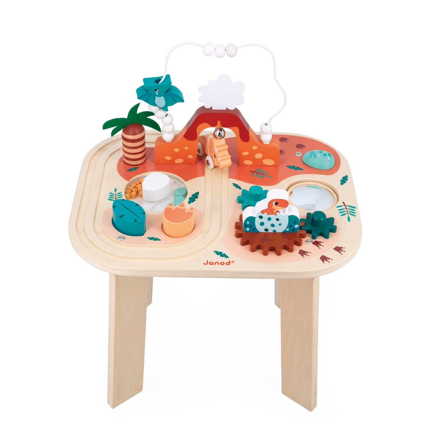 Janod Dino - Dinosaur Activity Table - 8 Activities In One - Includes Push Track, Stacking Toys, Bead Maze, And Gears - Ages 12 Months+ - J05825