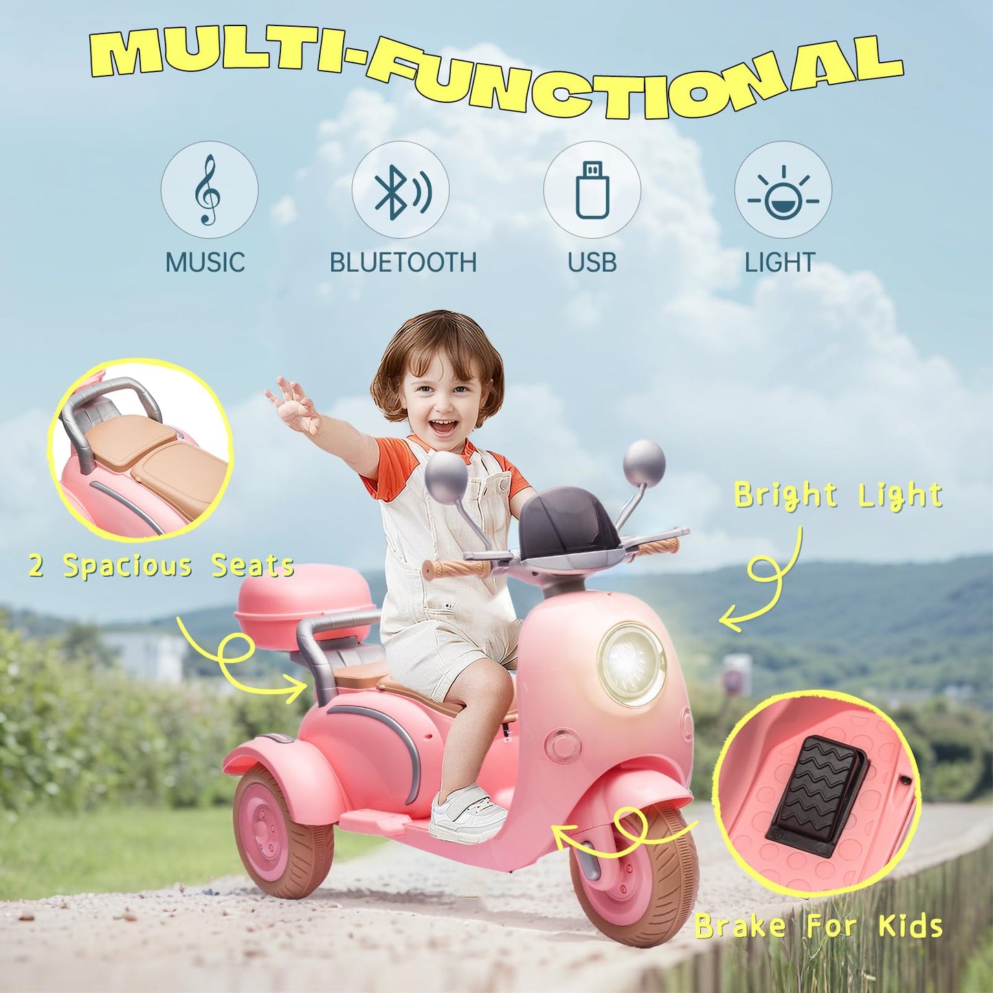 Okybaby 2 Seats Kids Motorcycle, 12V Ride On Electric Motorcycle, 3 Wheels Kids Motorbike With Usb, Bluetooth, Light, Storage Bo