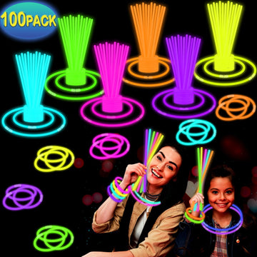 100 8'' Glow Sticks Party Pack With Accessories, Christmas Light Up Bracelets & Necklaces, Neon Glow In The Dark Party Favor Sup
