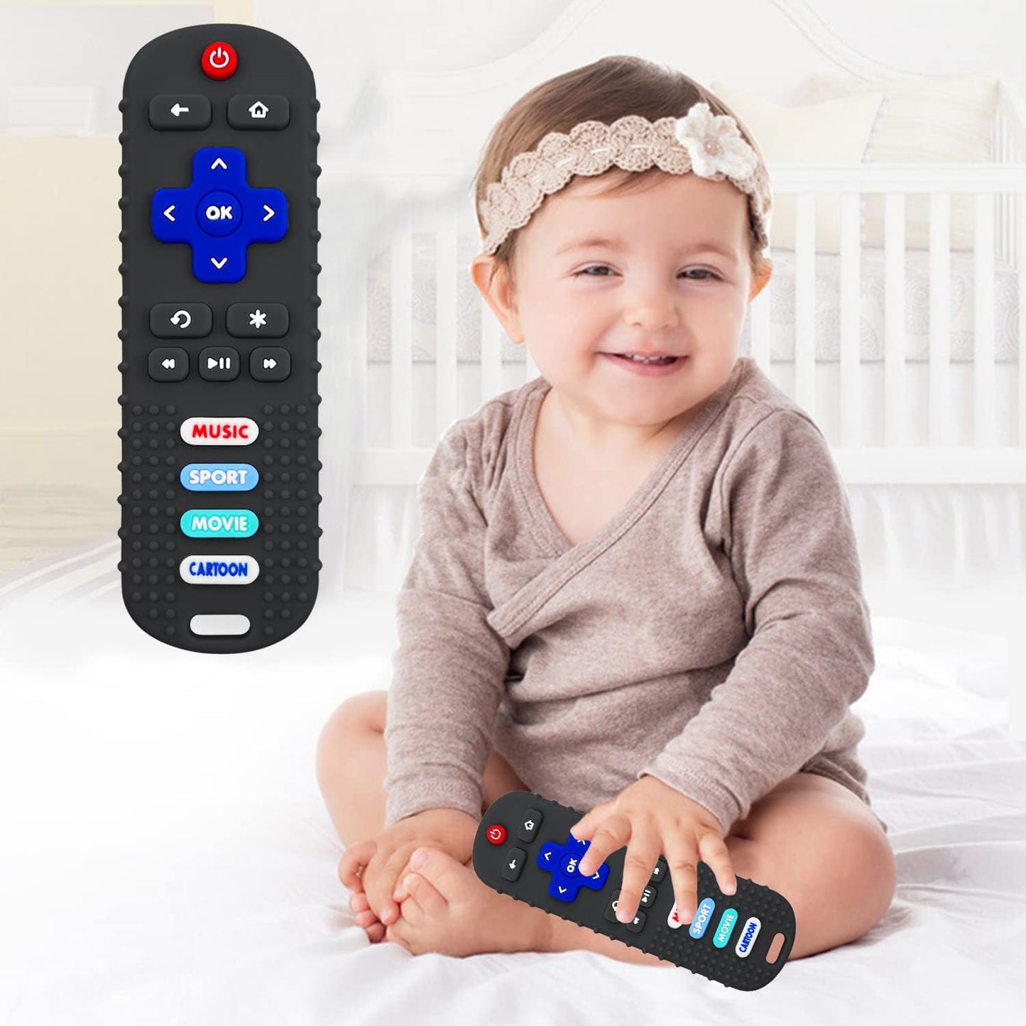 2-Pack Baby Remote Control Teether Toy For Babies 6-36 Months Silicone Baby Teething Toys Boys Girls Baby Teething Toys (Black + Gray)