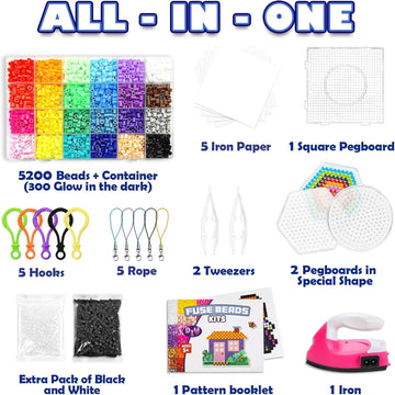 FUNZBO 5200 5mm Fuse Beads Kit with Mini Iron - 24 Colors | 111 Patterns, Easter Arts and Crafts for Girls and Boys, Kids Toys S