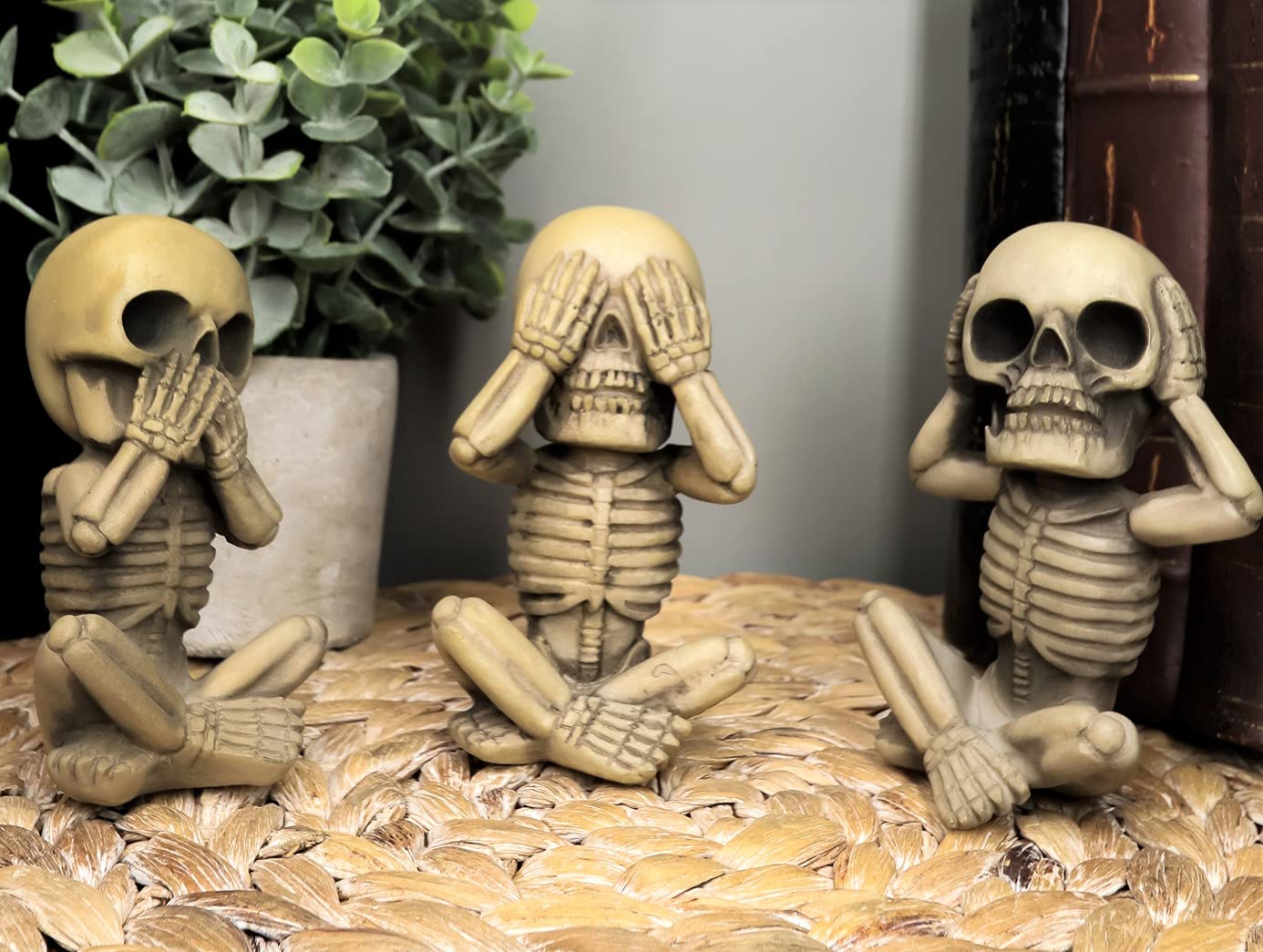 Ebros Gothic Alchemy Whimsical See Hear Speak No Evil Baby Skeletons Statue Set Of Three 4.25' High Halloween Decor Ossuary Graveyard Macabre No Evils Skulls Skeletons Skeletal Figurines