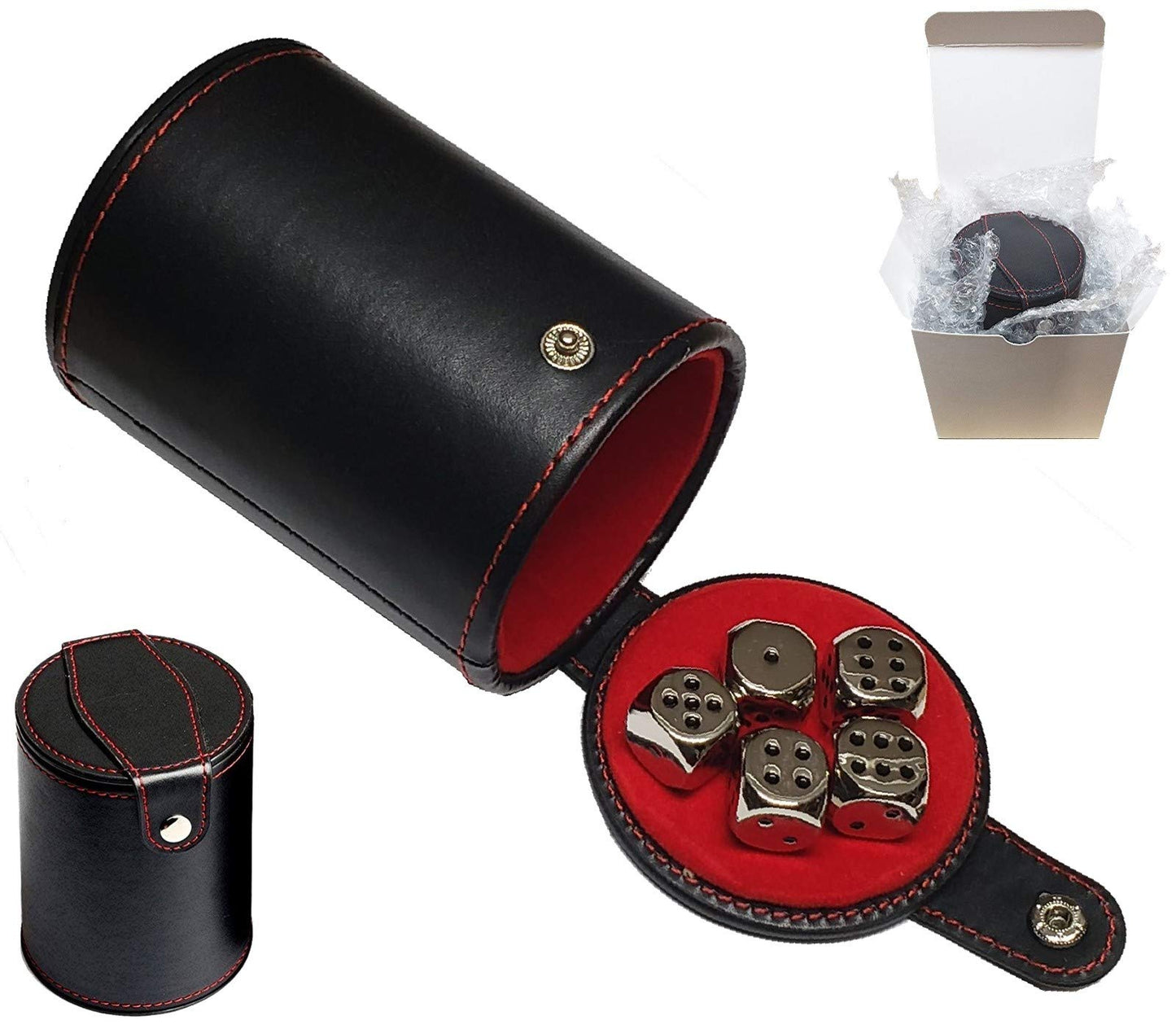 Cyber-Deals Set of Dice Cup Black PU Leather with Storage Compartment Red Felt Lined + 16mm Zinc Alloy Metal Dice, Gift Boxed (N