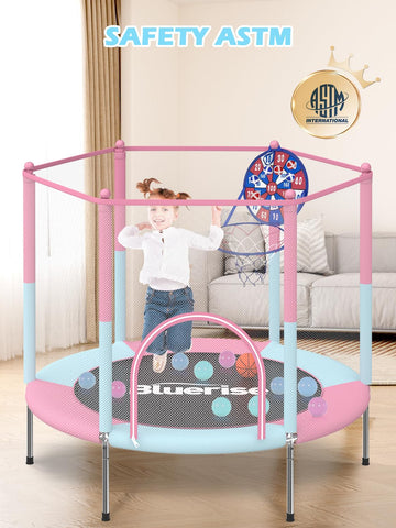 Bluerise 55In Toddler Trampoline For Kids Indoor Play For Kids Basketball Hoop Attachment With Enclosure Net Easy To Assemble Re