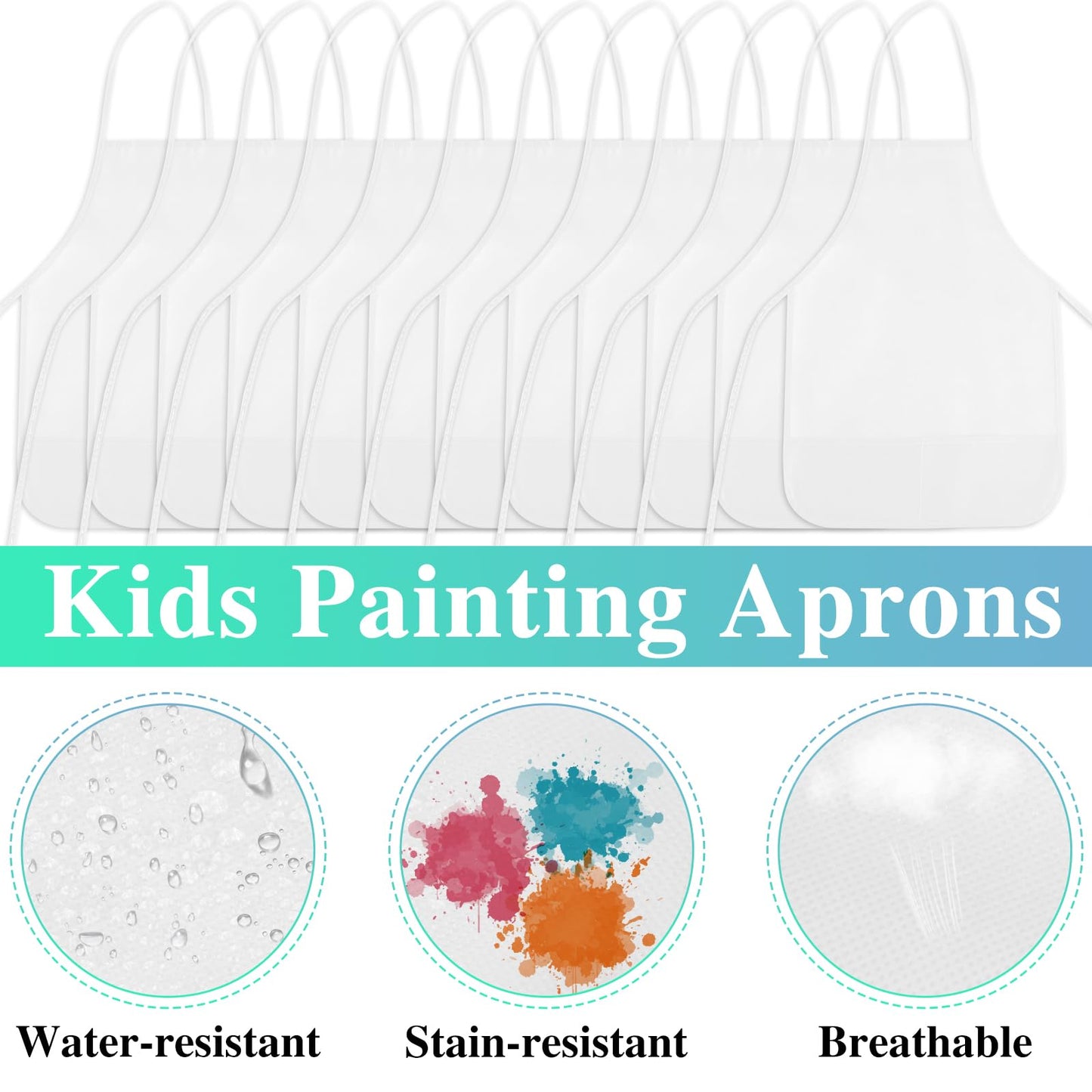 BOUBONI 12 Pieces White Kids Painting Aprons Kids Art Aprons with 2 Roomy Pockets Kids Aprons for Art Painting Activity Kitchen