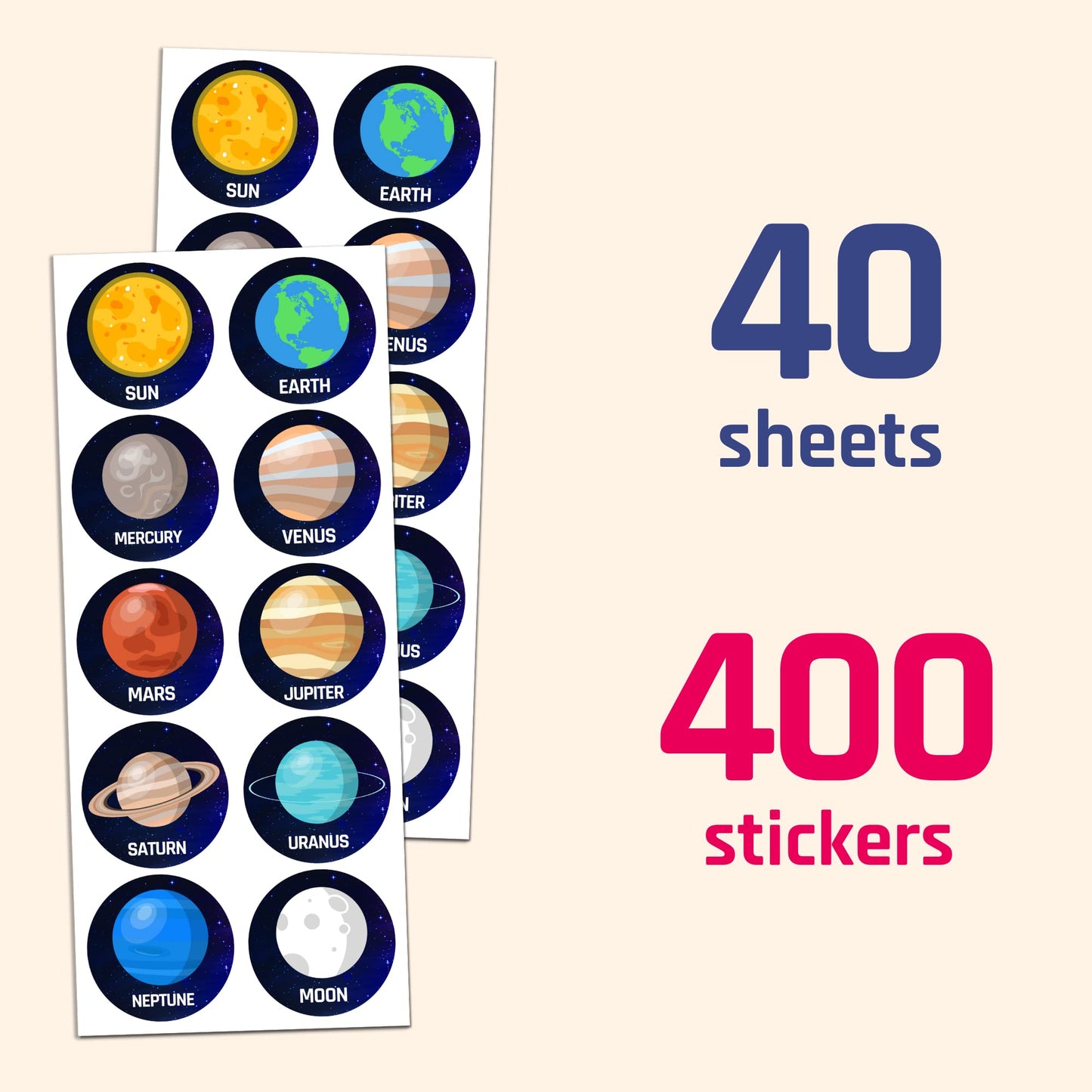 40 Sheets - Space Planet Stickers For Kids - 400 Stickers, 1.5''