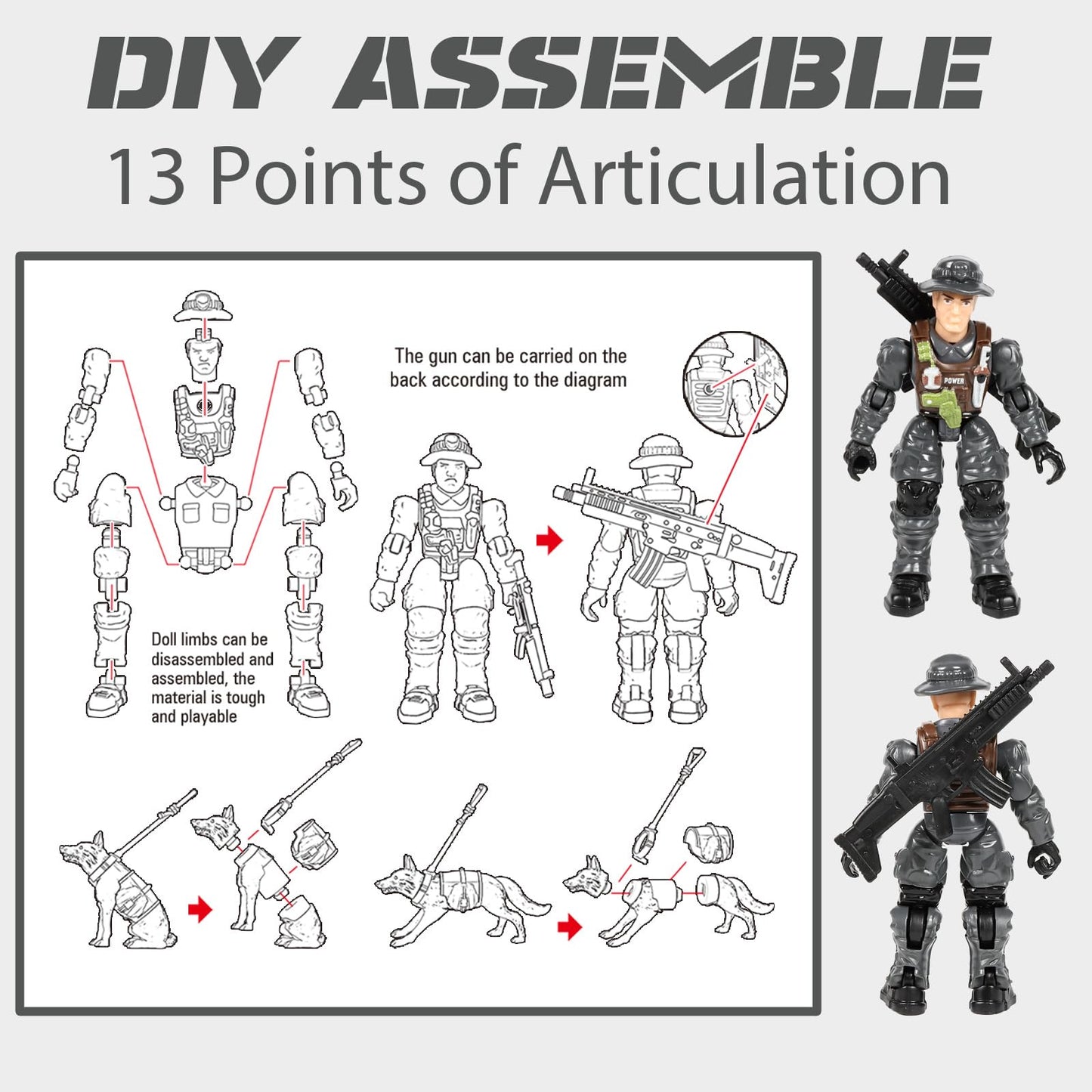 HAPTIME Army Men Action Figures with   Toy Soldiers for Boys  Plastic Army Toys for Boys 6-8  Birthday Gift for Military Collectors (6Pcs Gray)