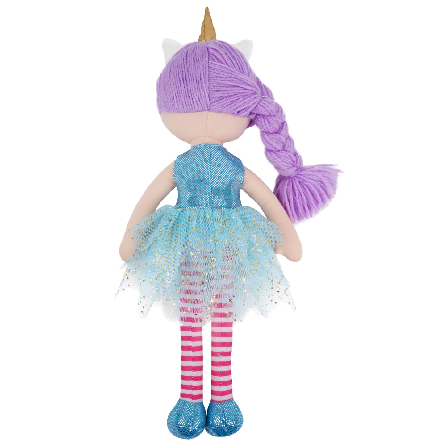 June Garden 16'' Unicorn Doll Myra - Purple Hair Plush Rag Doll For Toddler Girls - Soft Companion Gift For 2+ Years - Blue Dres