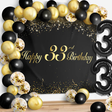 Happy 33Nd Birthday Balloons Black Set Decor - Cheers To 33 Years Old Party Theme Garland Banner Backdrop Decorations For Women