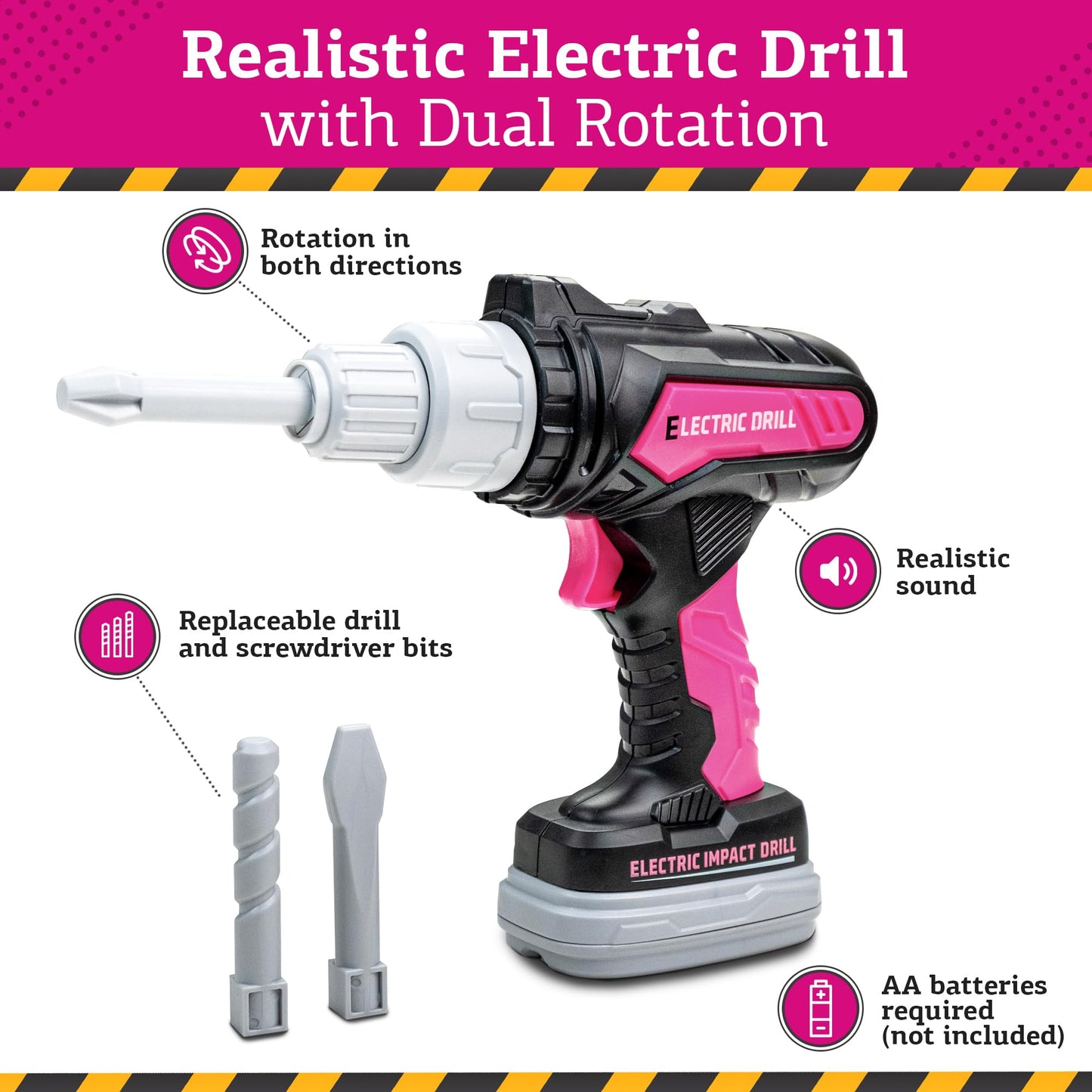 Toddler Girl Tool Set (Pink) With Carrying Case, Electronic Toy Drill & Vest - Pretend Play Tolls Kit With Safety Goggles, Gas S