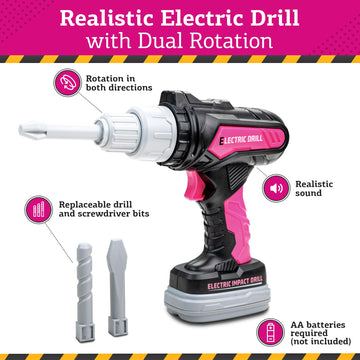 Toddler Girl Tool Set (Pink) With Carrying Case, Electronic Toy Drill & Vest - Pretend Play Tolls Kit With Safety Goggles, Gas S