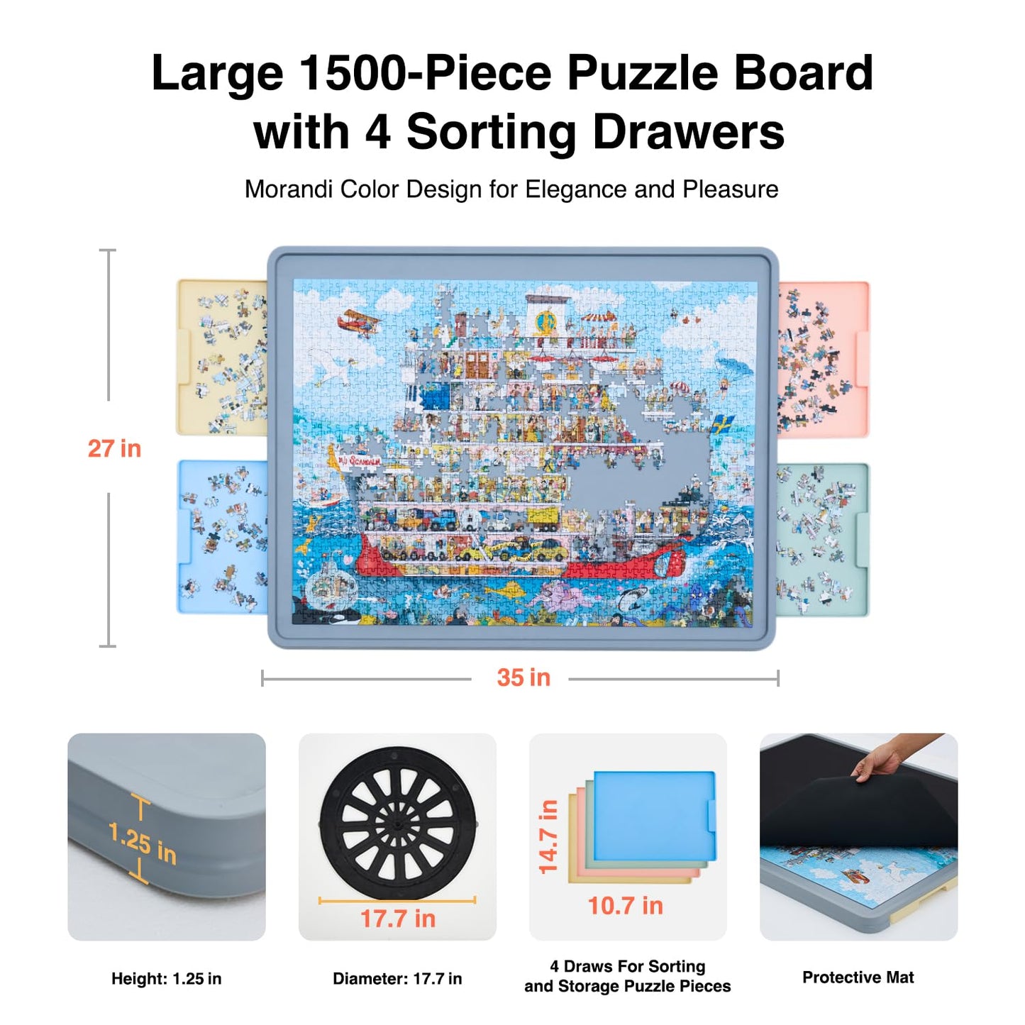 WELGEE 1500-Piece Rotating Puzzle Board, 35"x27", Lightweight ABS, Multi-Color Drawers, Model XJ-PTZHC-M-CA for Puzzle Lovers