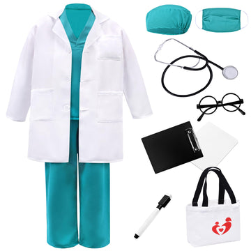 Zzihan Kids Doctor Costume Nurse Set - Lab Coat & Green Scrubs With Stethoscope, Nursing Clipboards, Vet Accessories - Boys & Gi