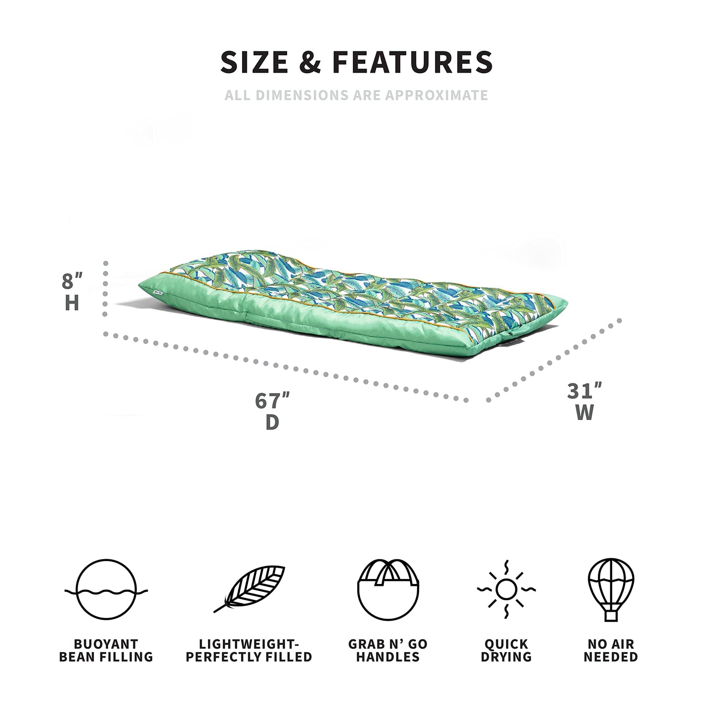 Big Joe Kona No Inflation Needed Pool Lounger With Headrest, Tropical Palm Green Double Sided Mesh, Quick Draining Fabric, 5.5 Feet Big