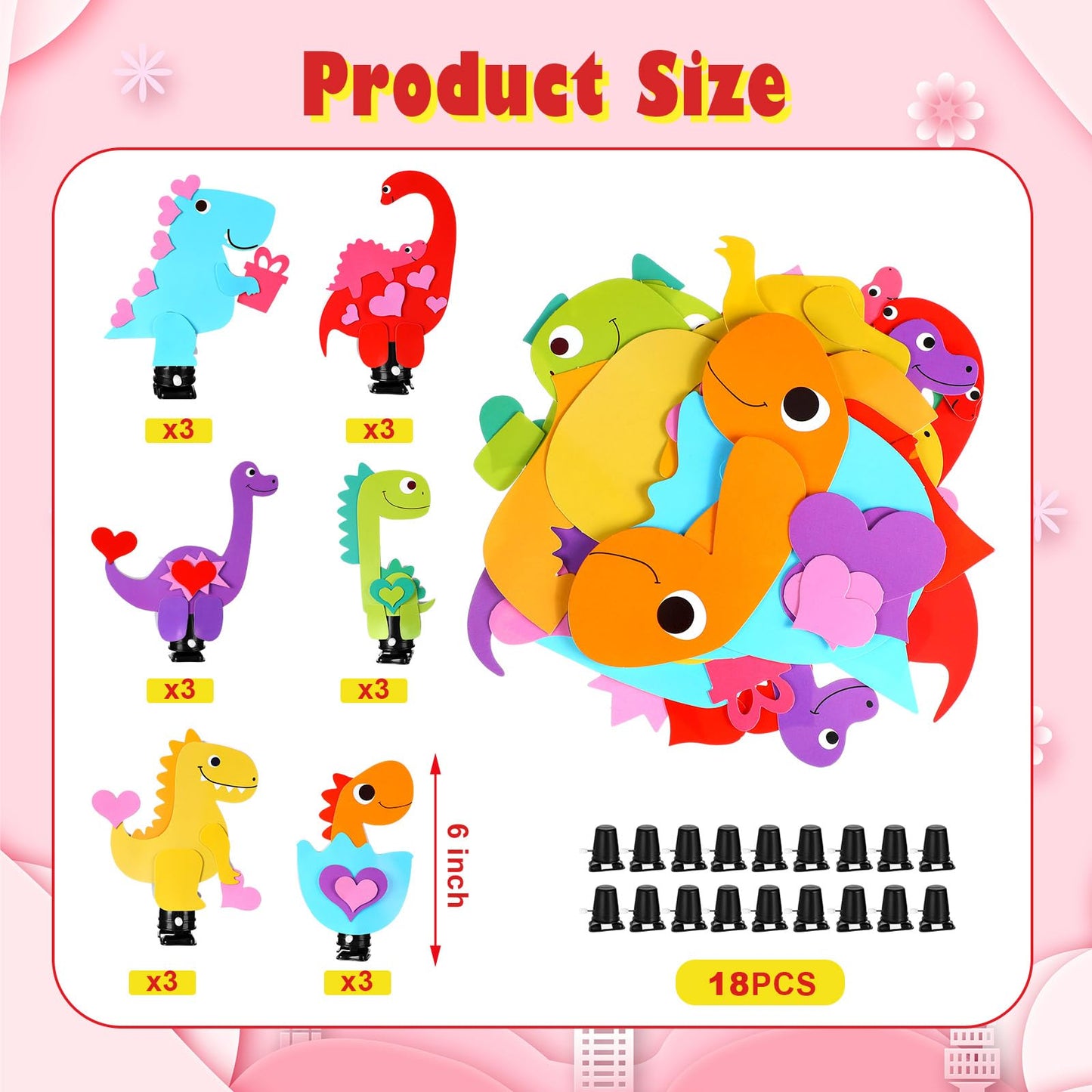 Menkxi 18 Pcs Valentine Dinosaur Craft Kit for Kids Wind up Valentine Dinosaur DIY Paper Craft Kits for Classroom Exchange Gifts