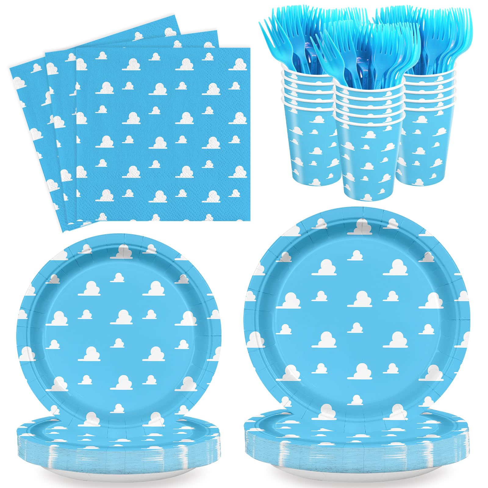 AURORAPARTY 120 Pcs Blue Sky Paper Plates Birthday Party Tableware Set White Cloud Napkins Forks Cartoon Story Party Decorations