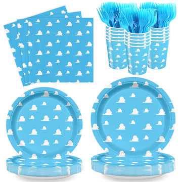 AURORAPARTY 120 Pcs Blue Sky Paper Plates Birthday Party Tableware Set White Cloud Napkins Forks Cartoon Story Party Decorations