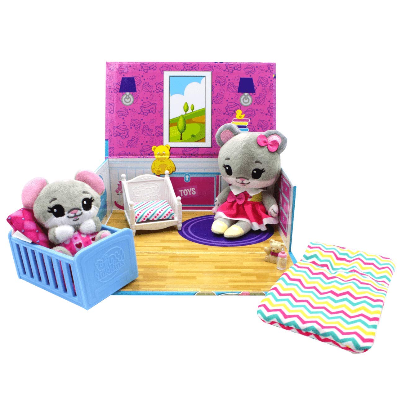 Tiny Tukkins Mouse Family Playset - Plush Naptime Nursery Set for Girls & Toddlers - Includes Big Sister & Baby Mouse - Core Playsets