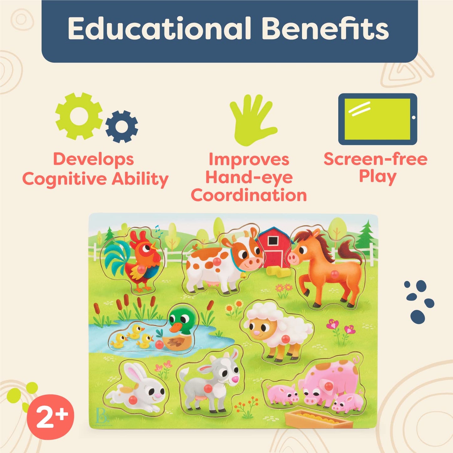 B. Toys- Peek & Explore - Farm Animals- Wooden Peg Puzzle – Farm Puzzle For Toddlers, Kids – 8 Farm Animal Pieces – Cow, Horse, Sheep & More – 2 Years +