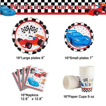 Wernnsai Racing Car Party Supplies For Boys - 64 Pcs Disposable Party Tableware Kit Includes Paper Luncheon Dinner Dessert Cake Plates Napkins Cups Birthday Party Dinnerware Serves 16 Guests