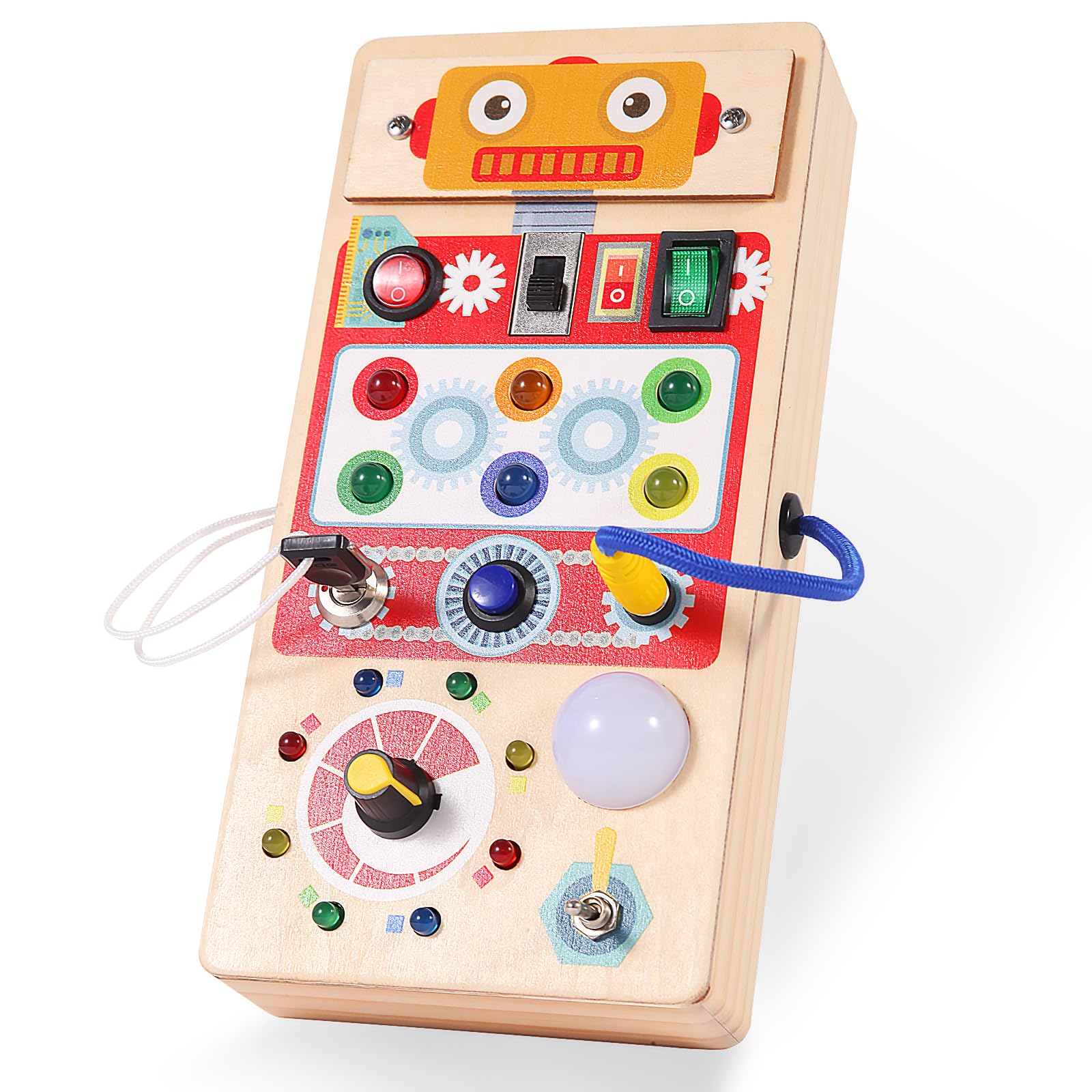 Asweets Montessori Wooden Busy Board Toy for Toddler, Red Robot Sensory Board with 8 LED Shape Light Switches, Travel & Gift Toy