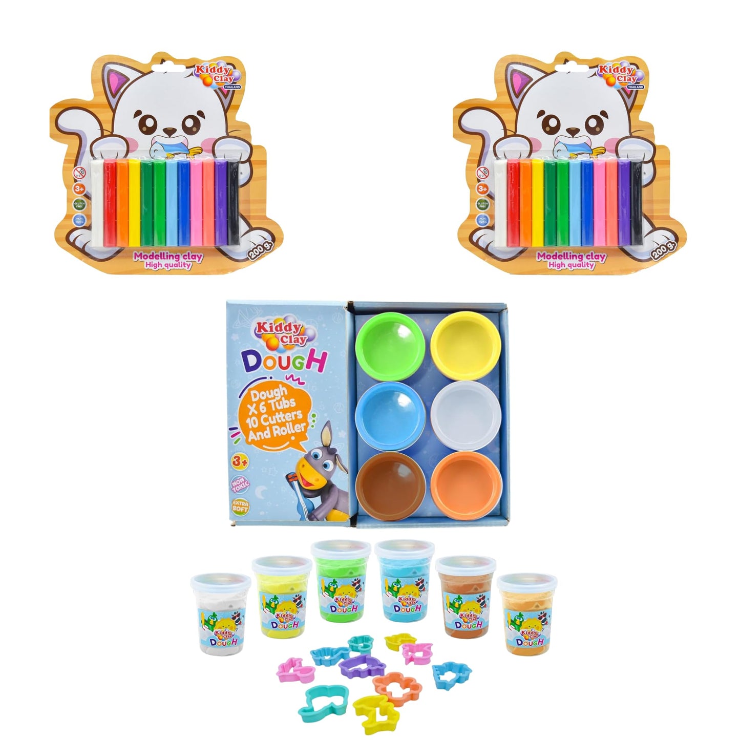 Kiddy Clay Combo Pack Of 3  Includes 6Color Dough Set With 6 Tubs, 10 Shape Cutters & 2 X 12 Clay Round Stick Sets (200G Each