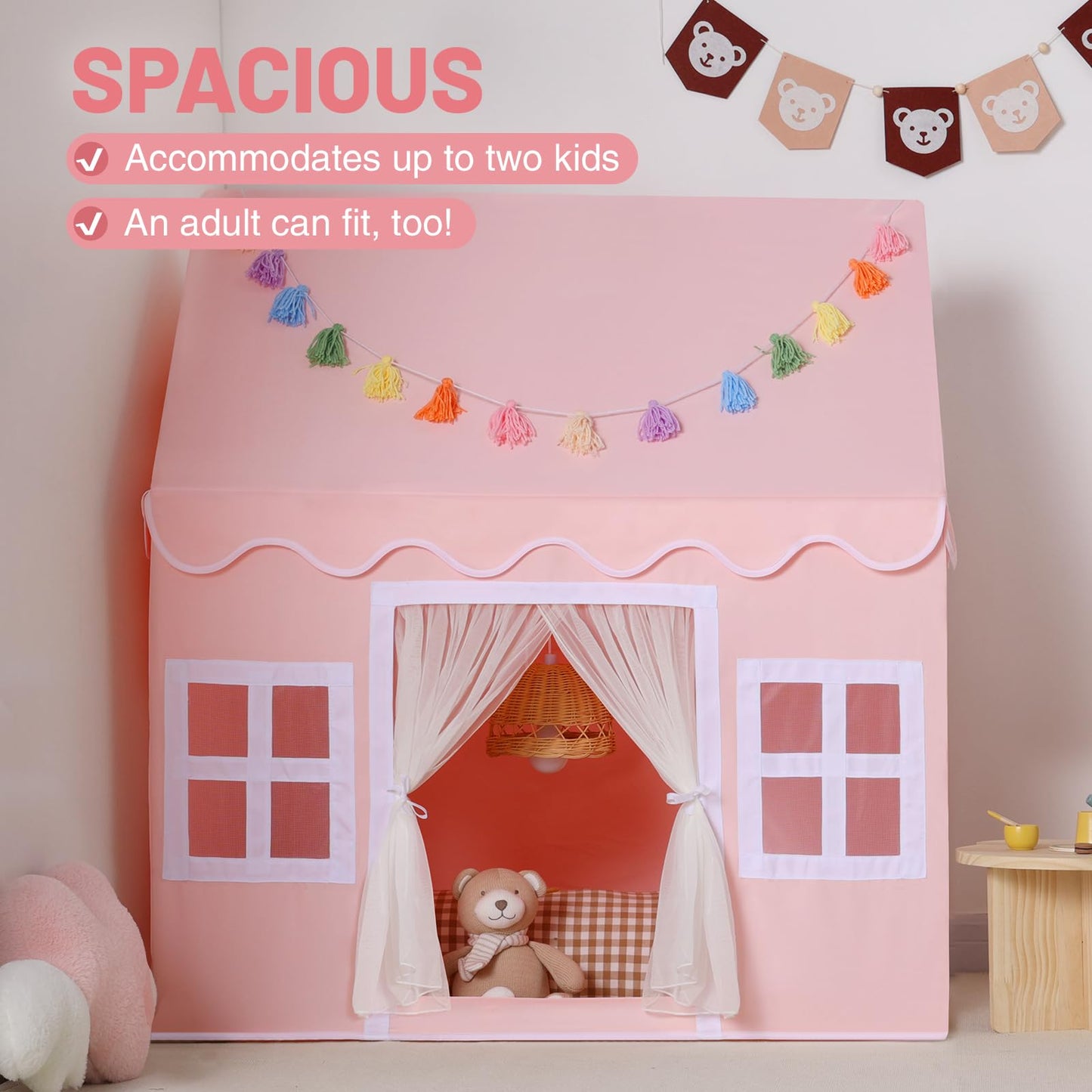 Senodeer Kids Play Tent Indoor: With Mat, Tassel Garland, Star Lights - Pink Girl Tent Playhouse For Toddlers Kids Toys For Boy Girl Birthday Gift For Kids
