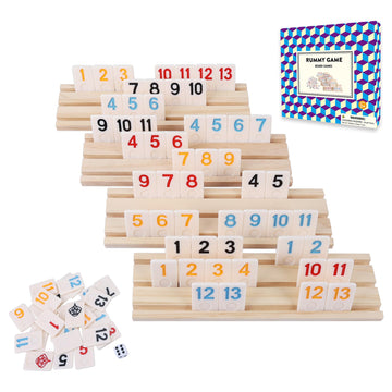 Offelec Classic Large Numbers Rummy Tiles Game, 106 Tiles Rummy Cube Game With 4 Wooden Racks/Trays 1 Dice, Rummy Board Games Fo