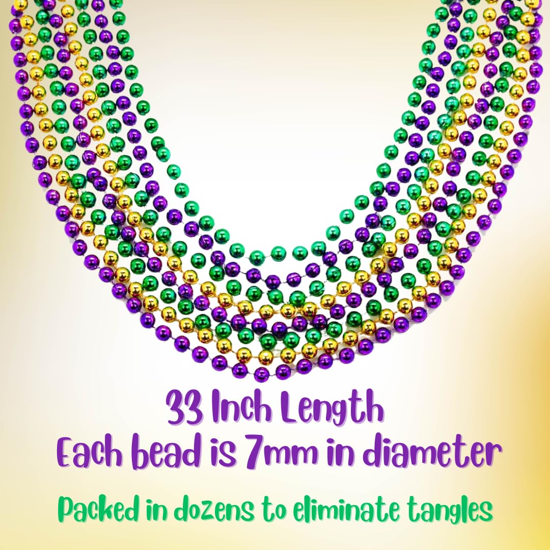 Mardi Gras Beads 33 inch 7mm, 12 Dozen, 144 Pieces, Purple Green and Gold Necklaces with Doubloon